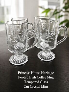 Princess House Clear Footed Etched Glass Irish Coffee Mugs - Set of 4
